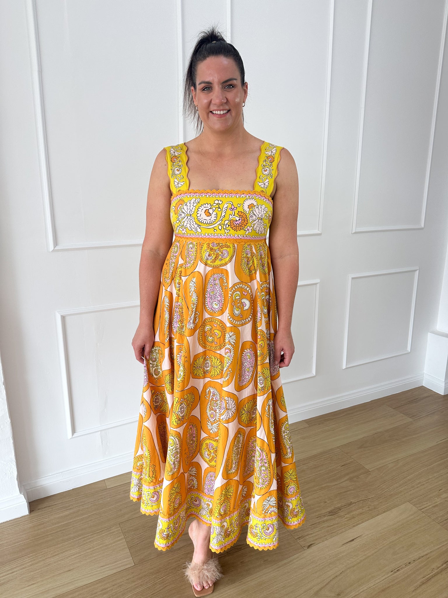 ALEMAIS- Diana Midi Dress-Yellow Multi- Size 14