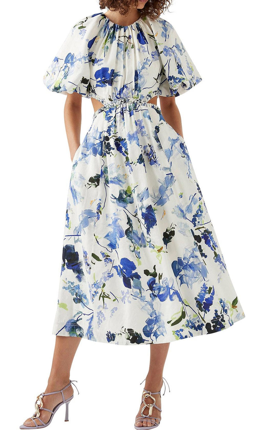 AJE- Capucine Puff Sleeve Midi Dress- Blue Floral- Size 8