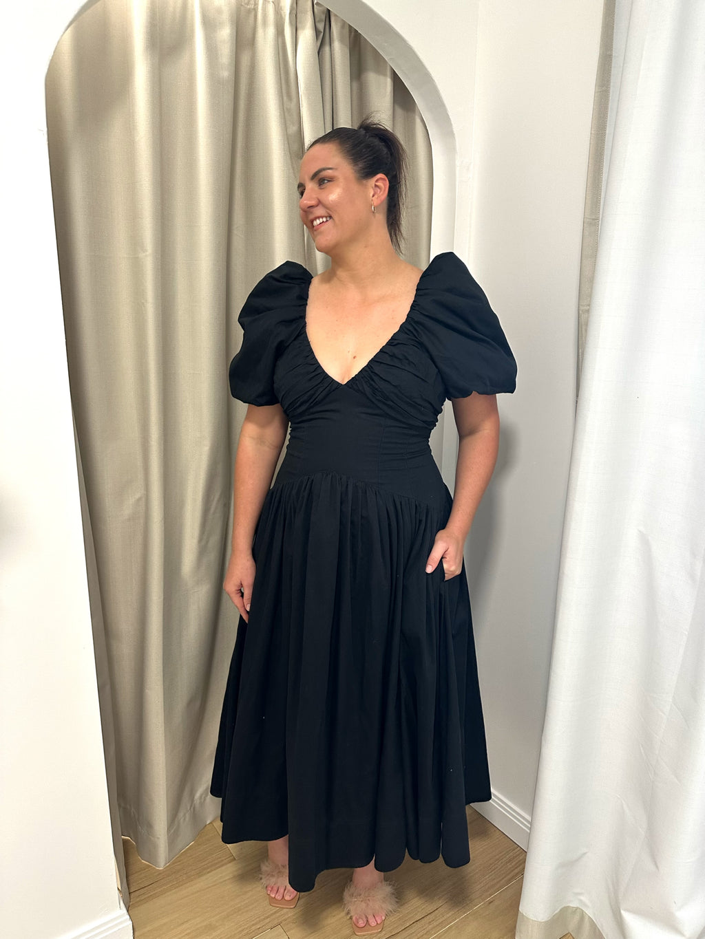 AJE- Gabrielle Plunge Midi Dress- Black- Size 6 & 16