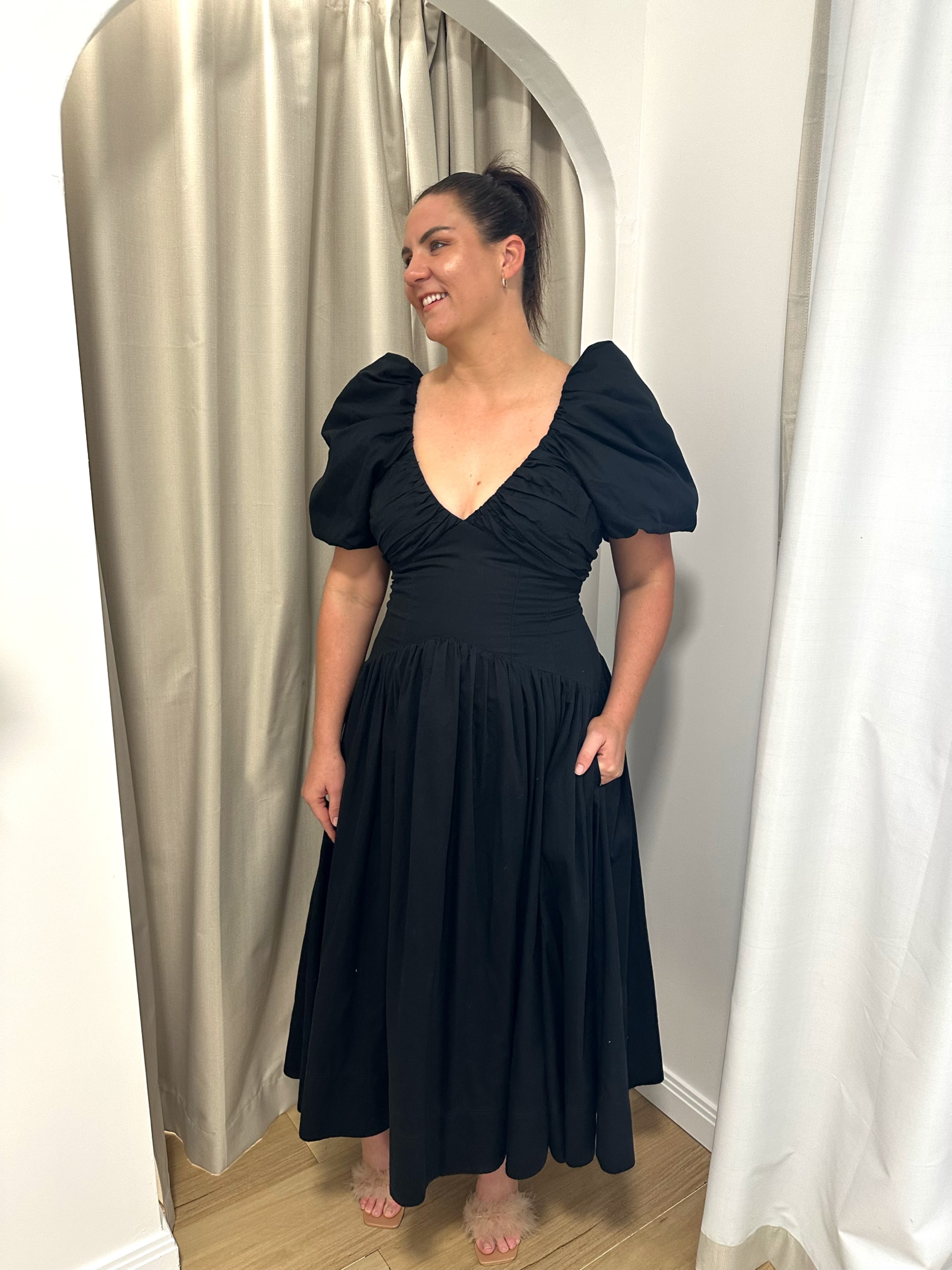 AJE- Gabrielle Plunge Midi Dress- Black- Size 6 & 16