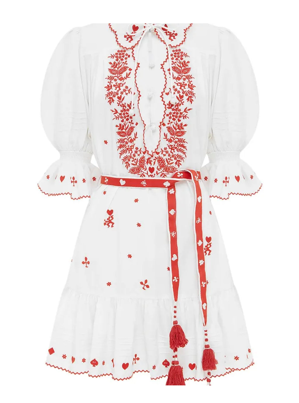 Alemais- Hearts Embroidered Mini Dress- White/Red- Size 12