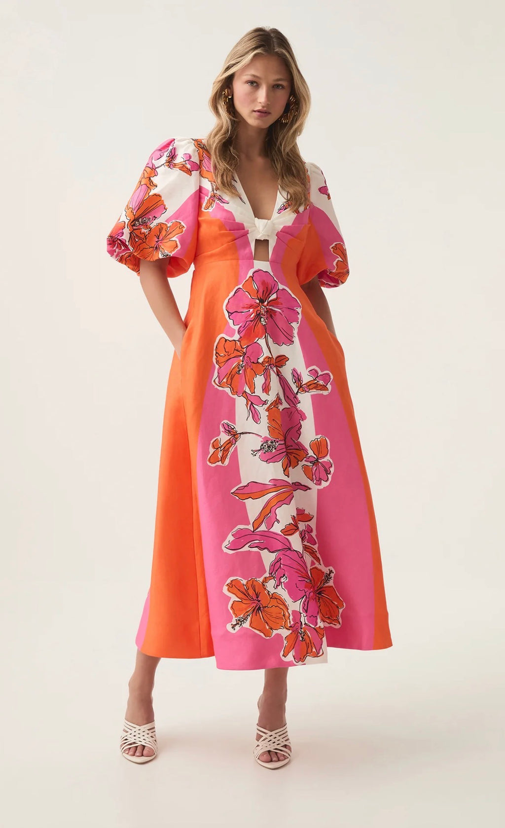 AJE- Overflow Knotted Midi Dress- Vivid Hibiscus- Size 12