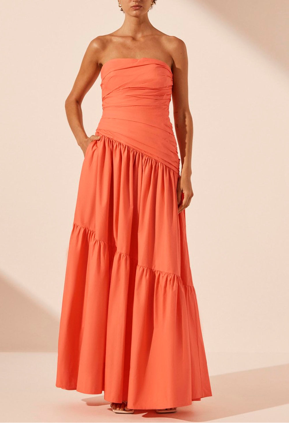 Shona Joy- Maiori Strapless Tiered Maxi Dress - Coral- Size 8