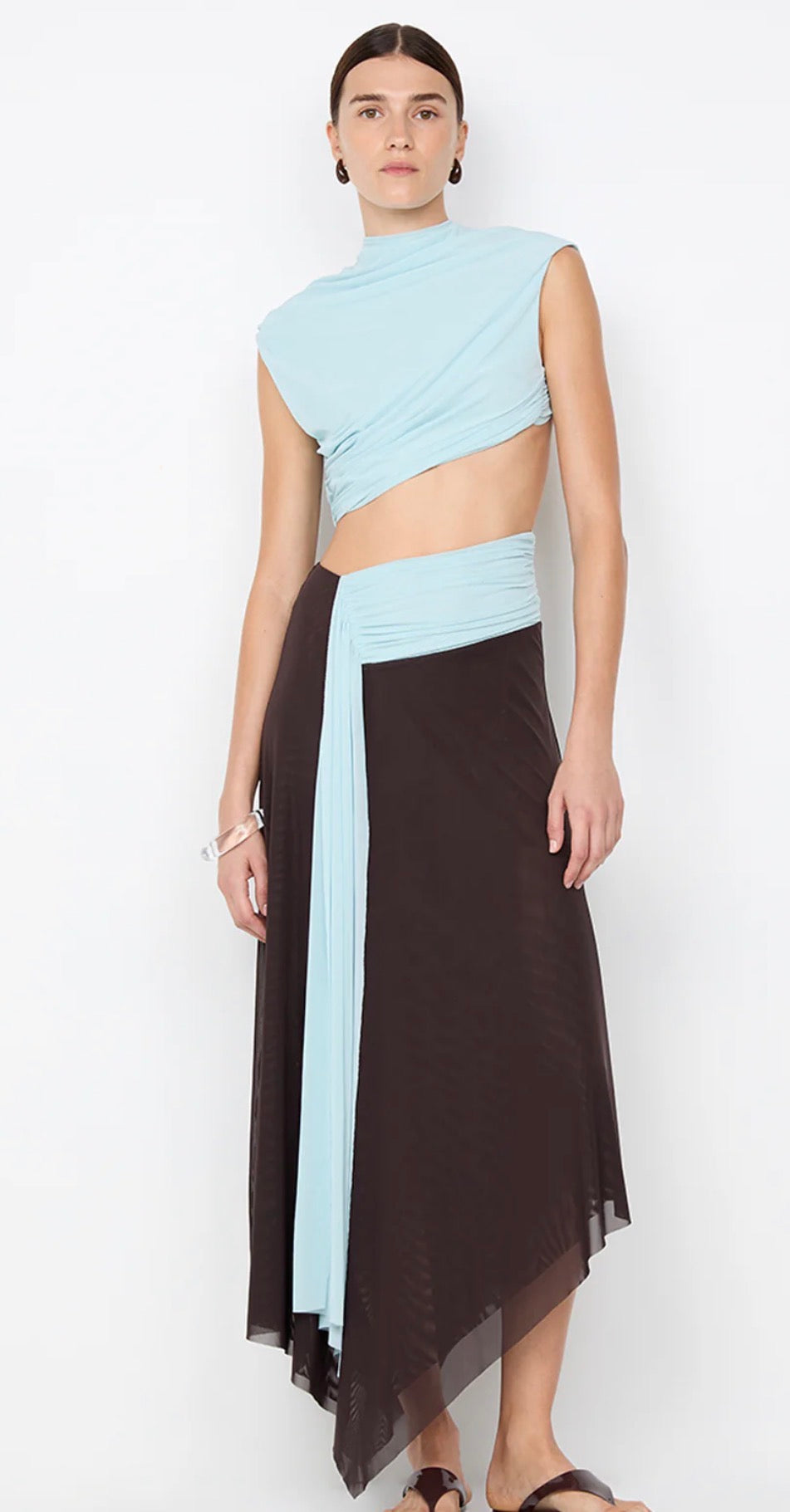 Bec & Bridge - Conni Asym Midi Dress – Arctic Blue / Dark Chocolate- Size 8