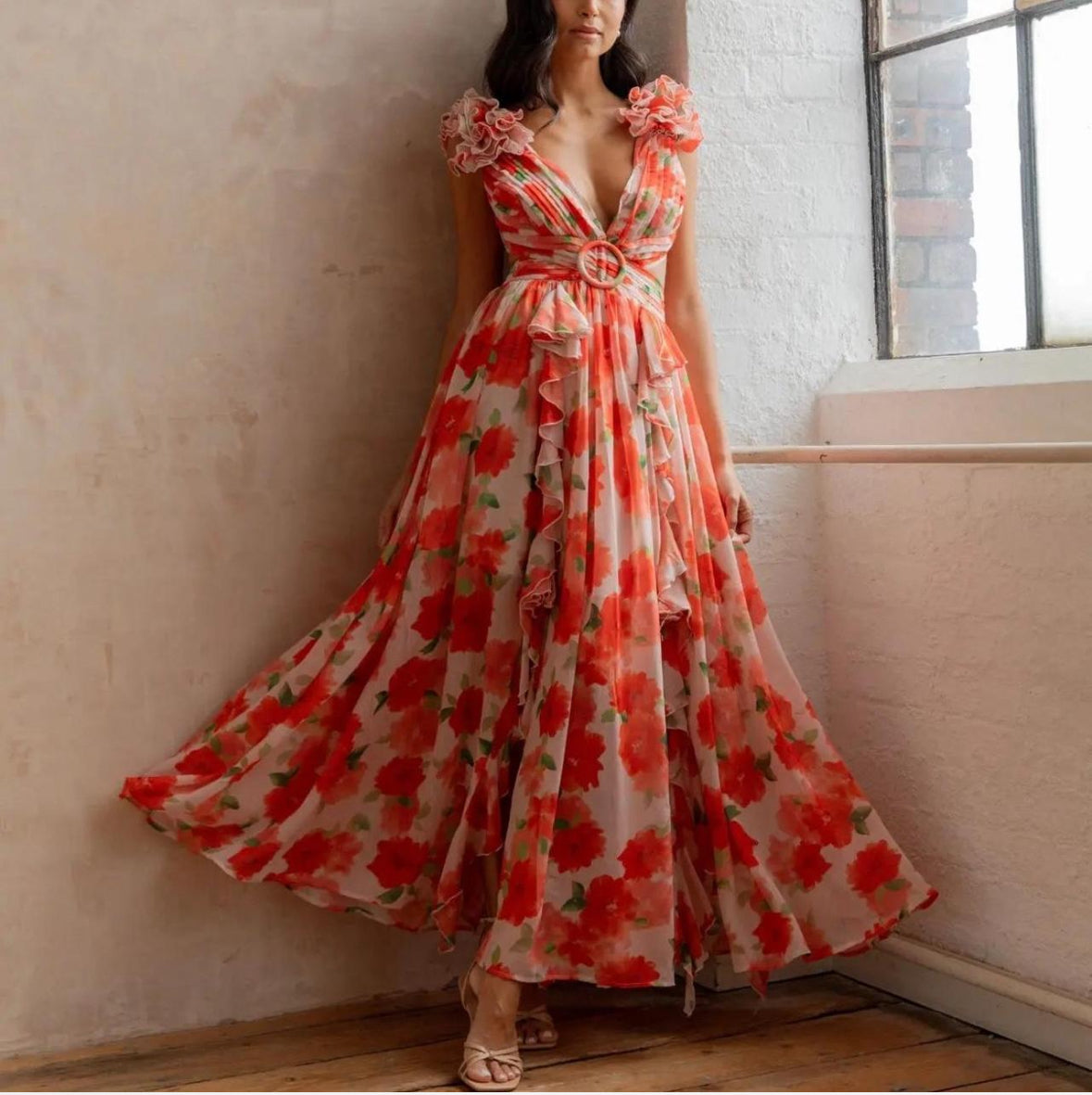 Anne Louise Boutique- Clementine Floral Maxi Dress- Orange- Size 14