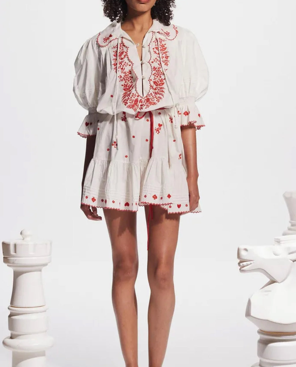 Alemais- Hearts Embroidered Mini Dress- White/Red- Size 12