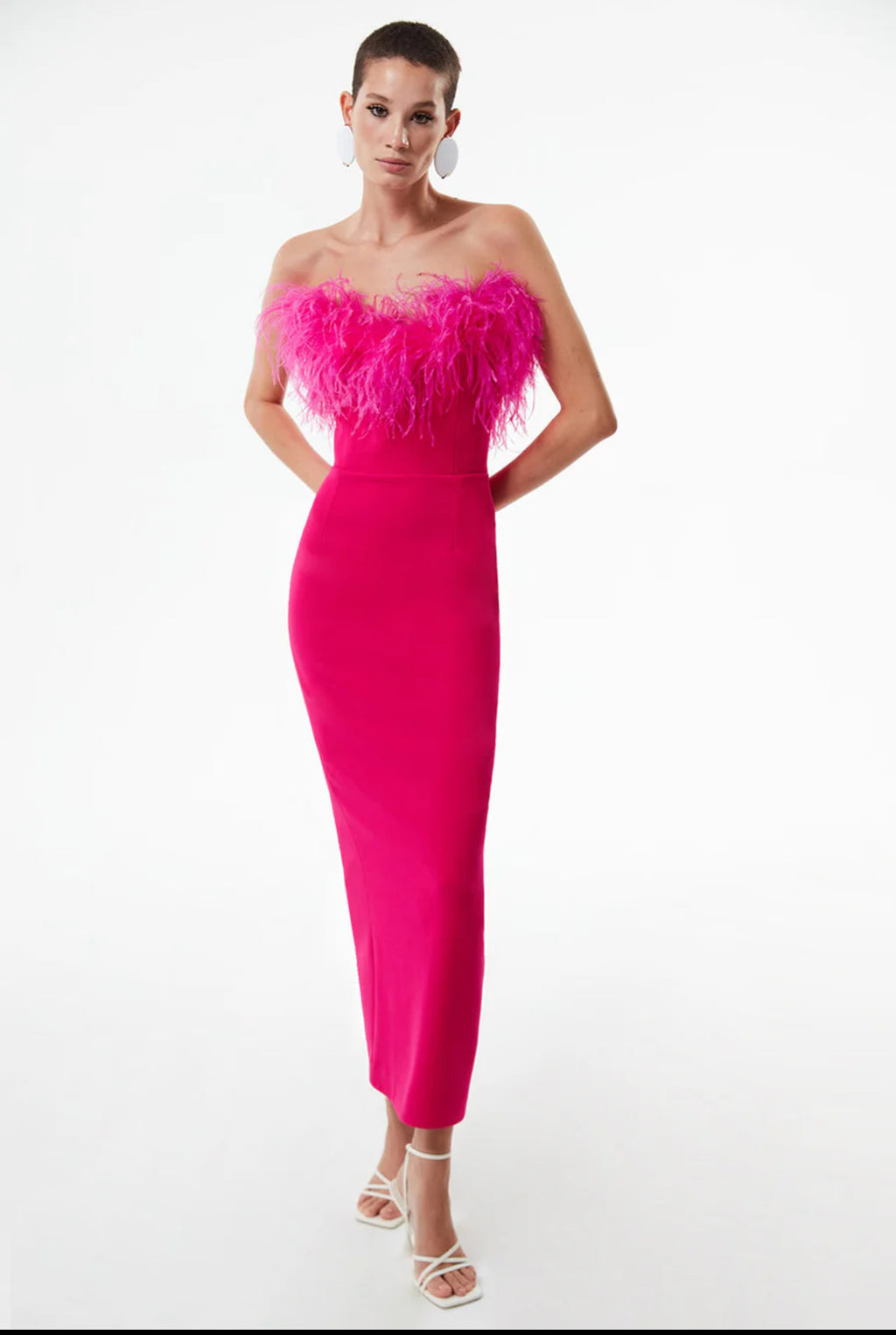 Ilkyaz Ozel - Feathered Strapless Midi - Hot Pink- Size Small