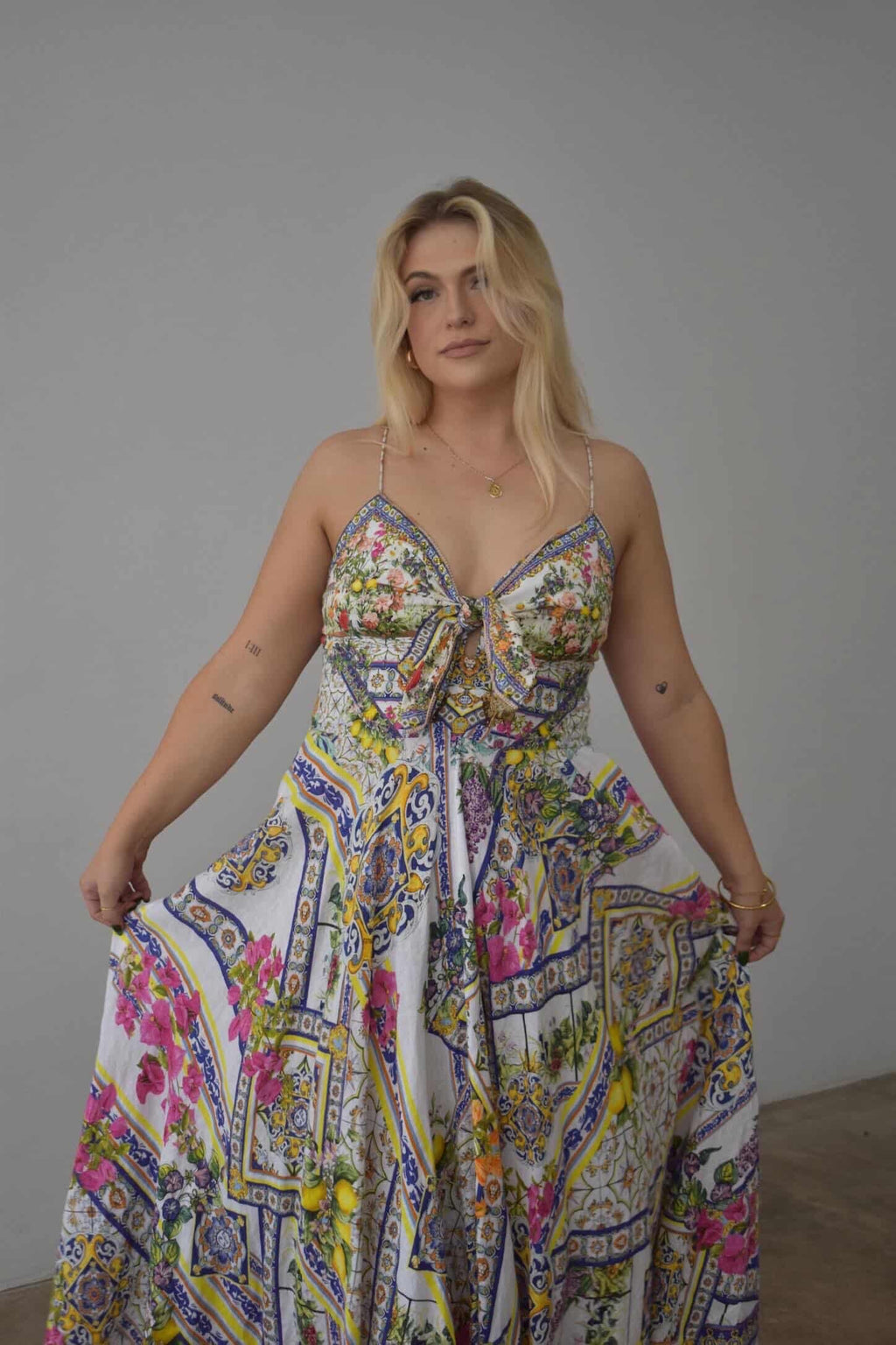 CAMILLA – Embellished Printed Linen Midi Dress- Size Large