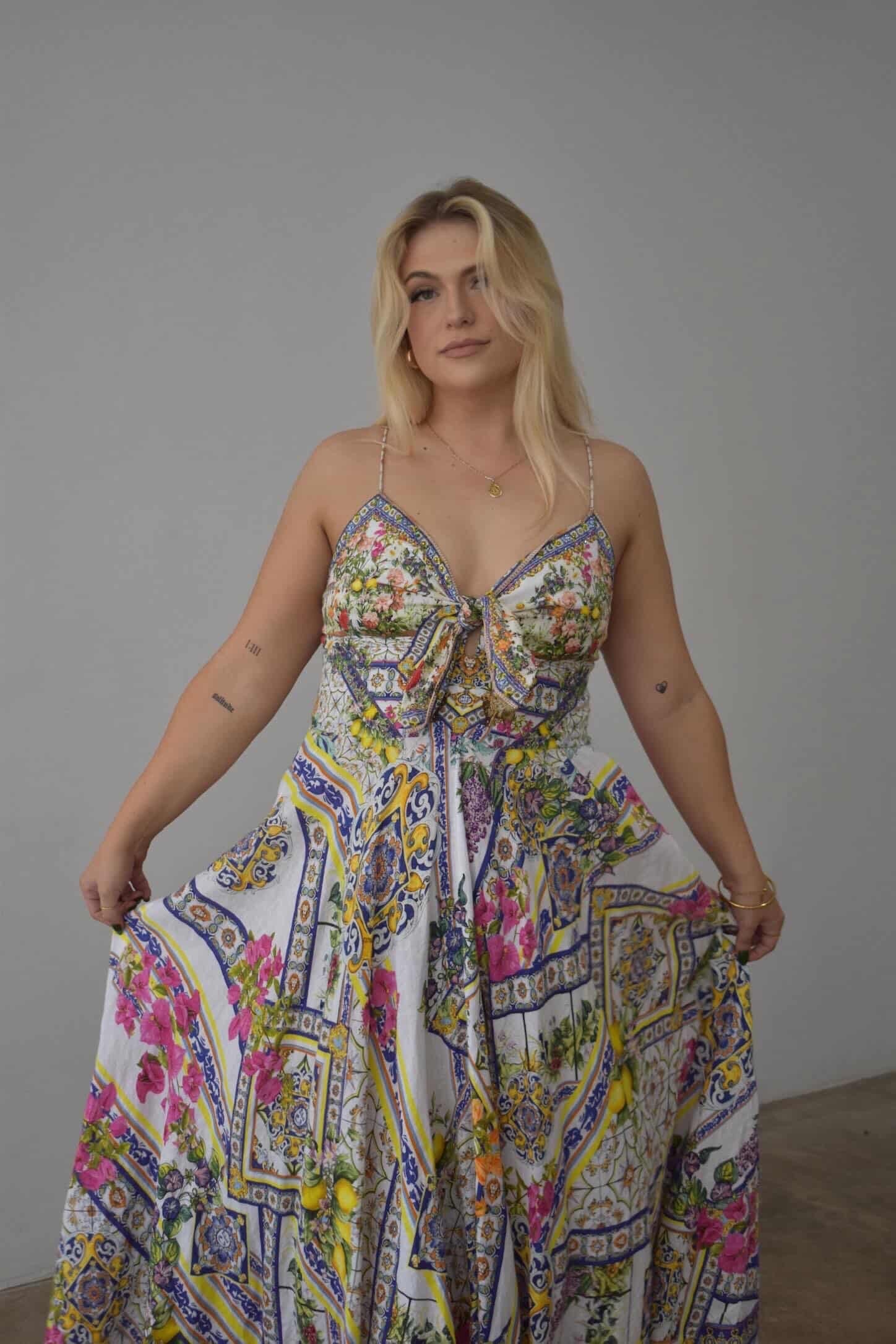 CAMILLA – Embellished Printed Linen Midi Dress- Size Large