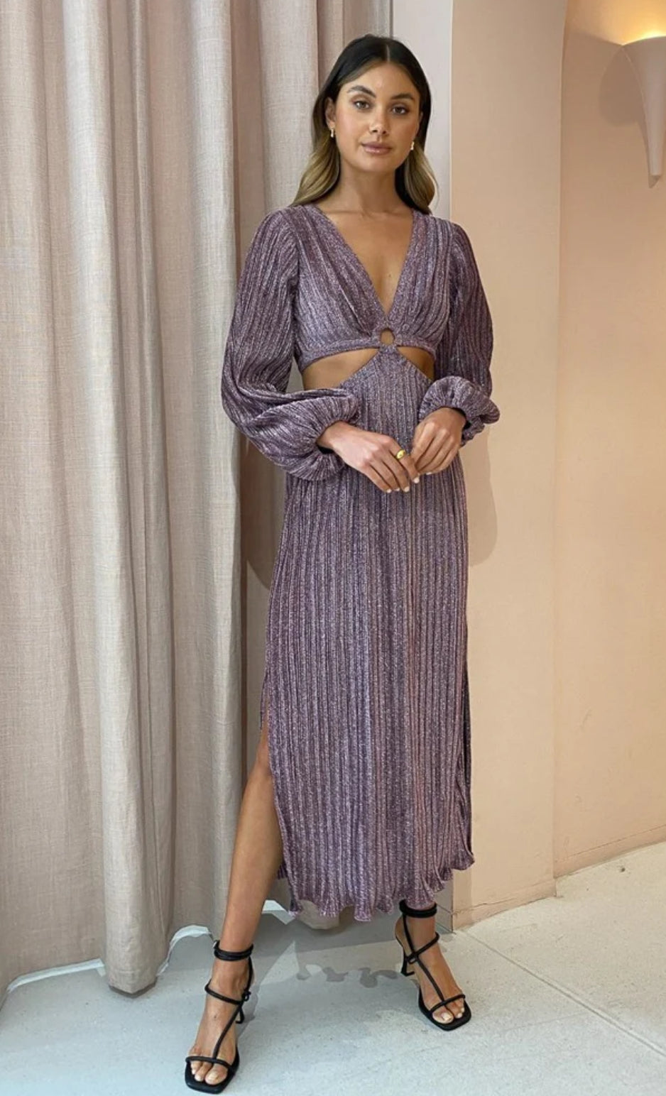 Suboo- Ana Balloon Sleeve Maxi Dress- Pink Metallic- Size Small