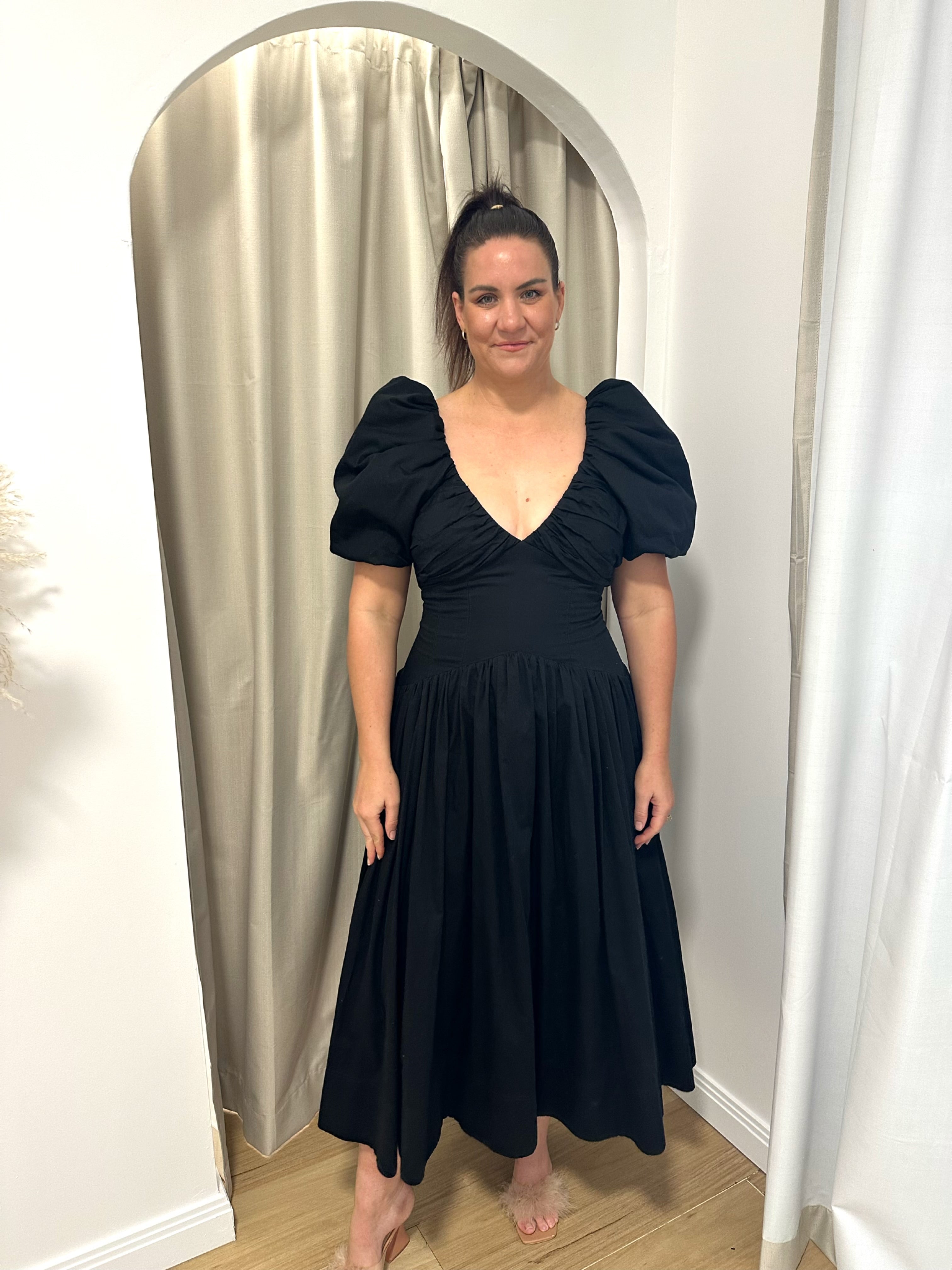 AJE- Gabrielle Plunge Midi Dress- Black- Size 6 & 16