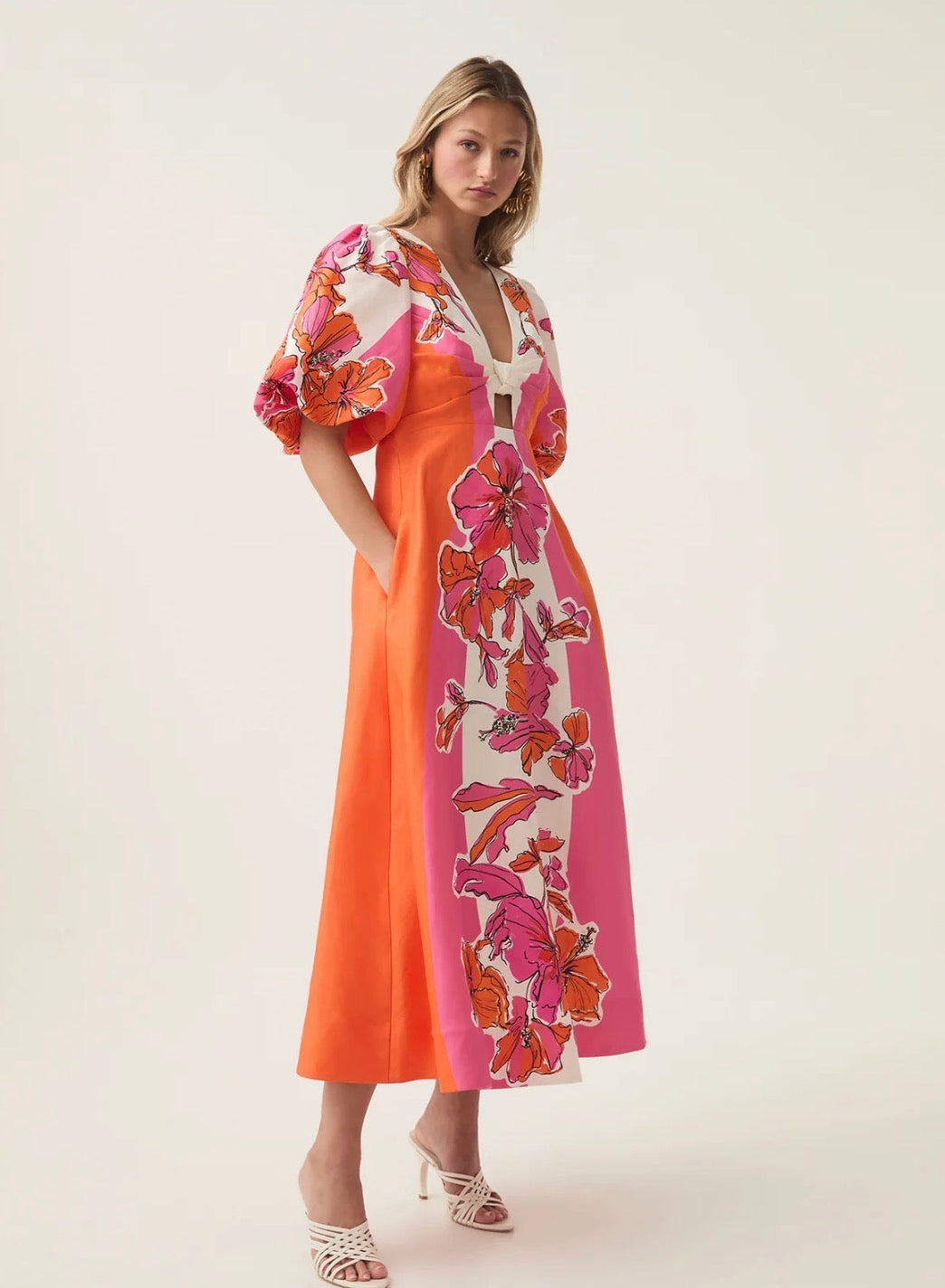 AJE- Overflow Knotted Midi Dress- Vivid Hibiscus- Size 12
