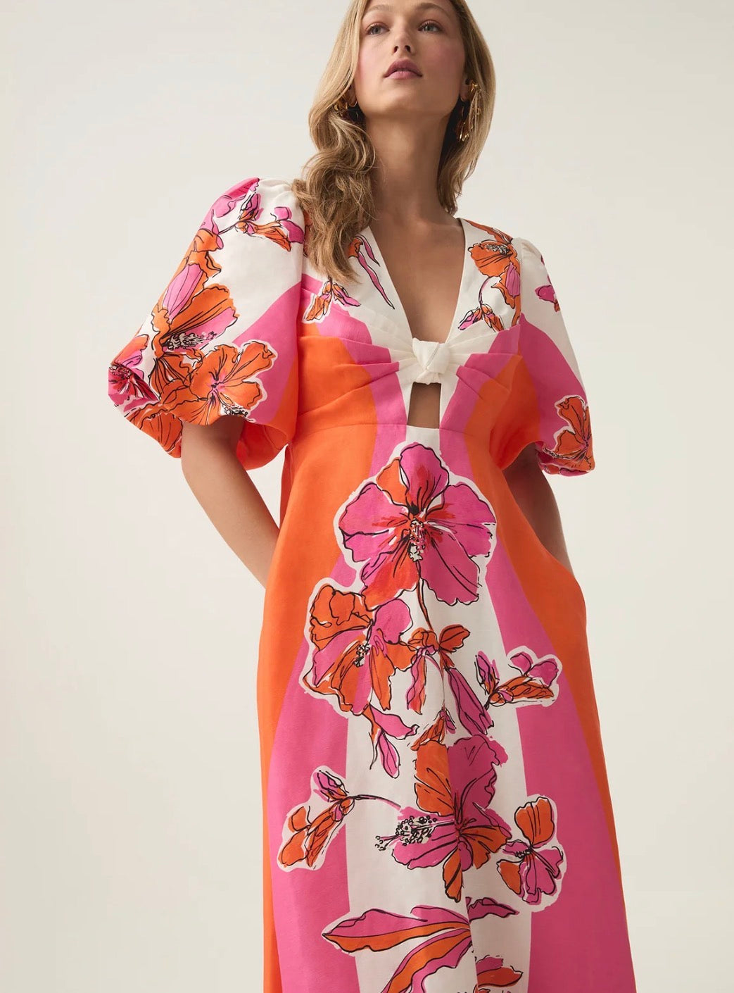 AJE- Overflow Knotted Midi Dress- Vivid Hibiscus- Size 12