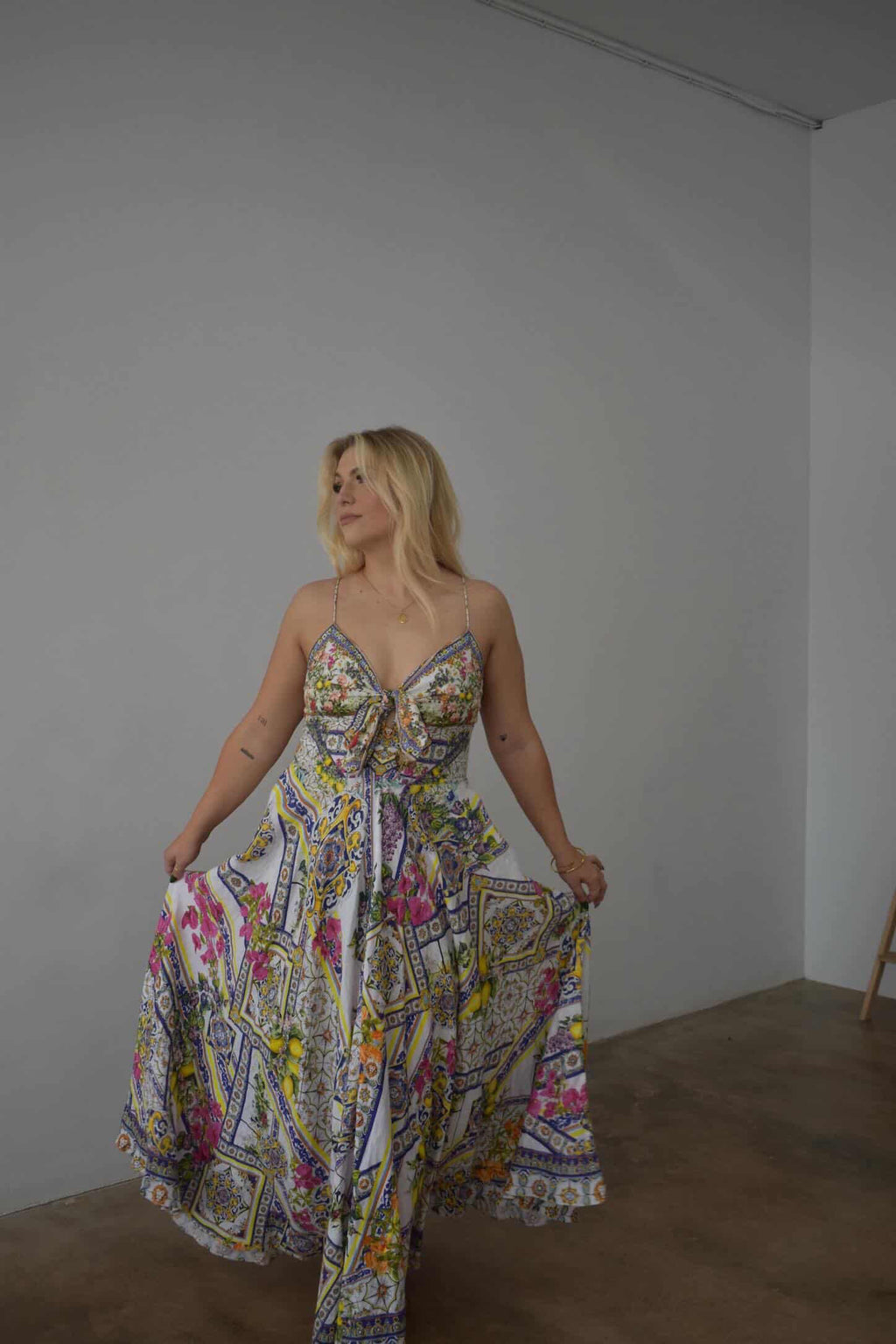 CAMILLA – Embellished Printed Linen Midi Dress- Size Large