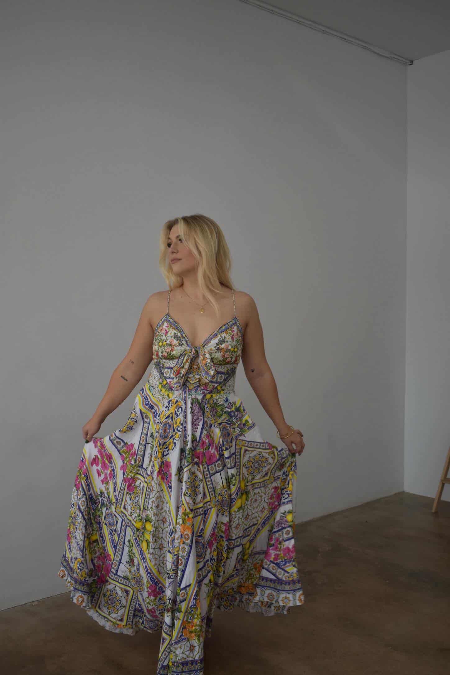 CAMILLA – Embellished Printed Linen Midi Dress- Size Large