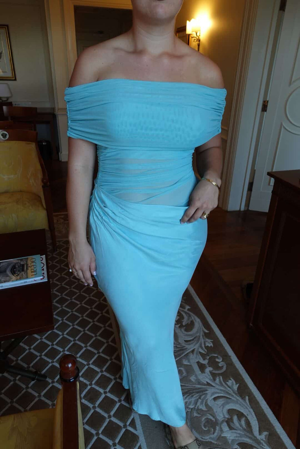 Benni- Nico Off Shoulder Maxi Dress- Aquamarine- Size 14