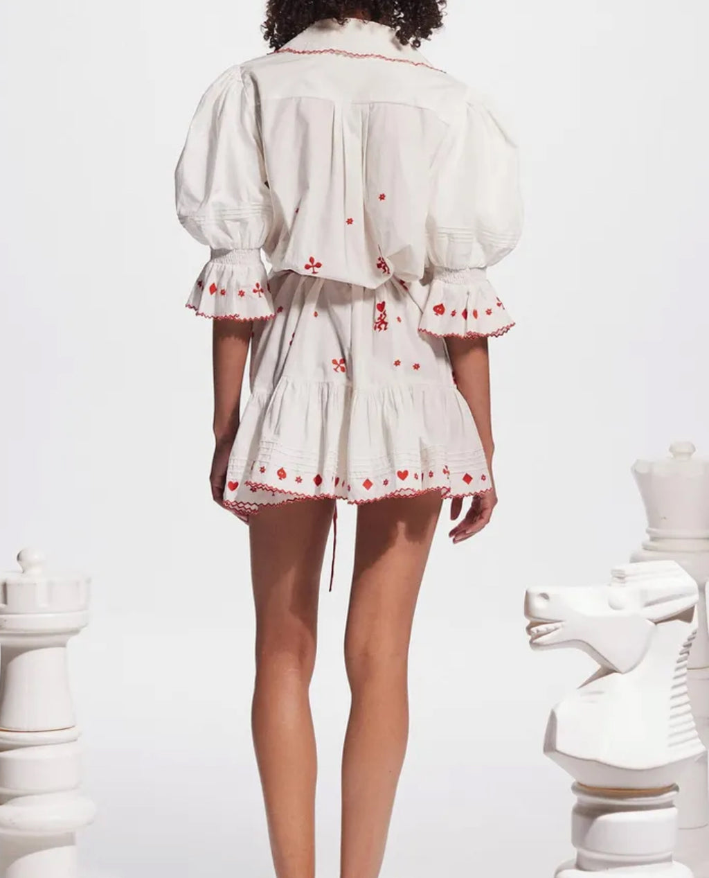 Alemais- Hearts Embroidered Mini Dress- White/Red- Size 12