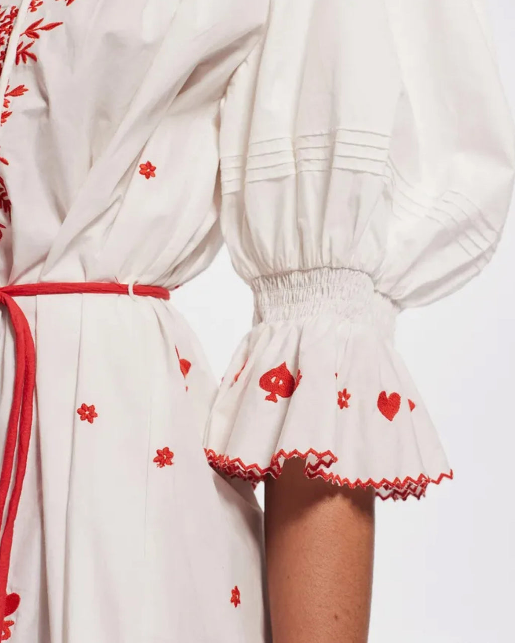 Alemais- Hearts Embroidered Mini Dress- White/Red- Size 12