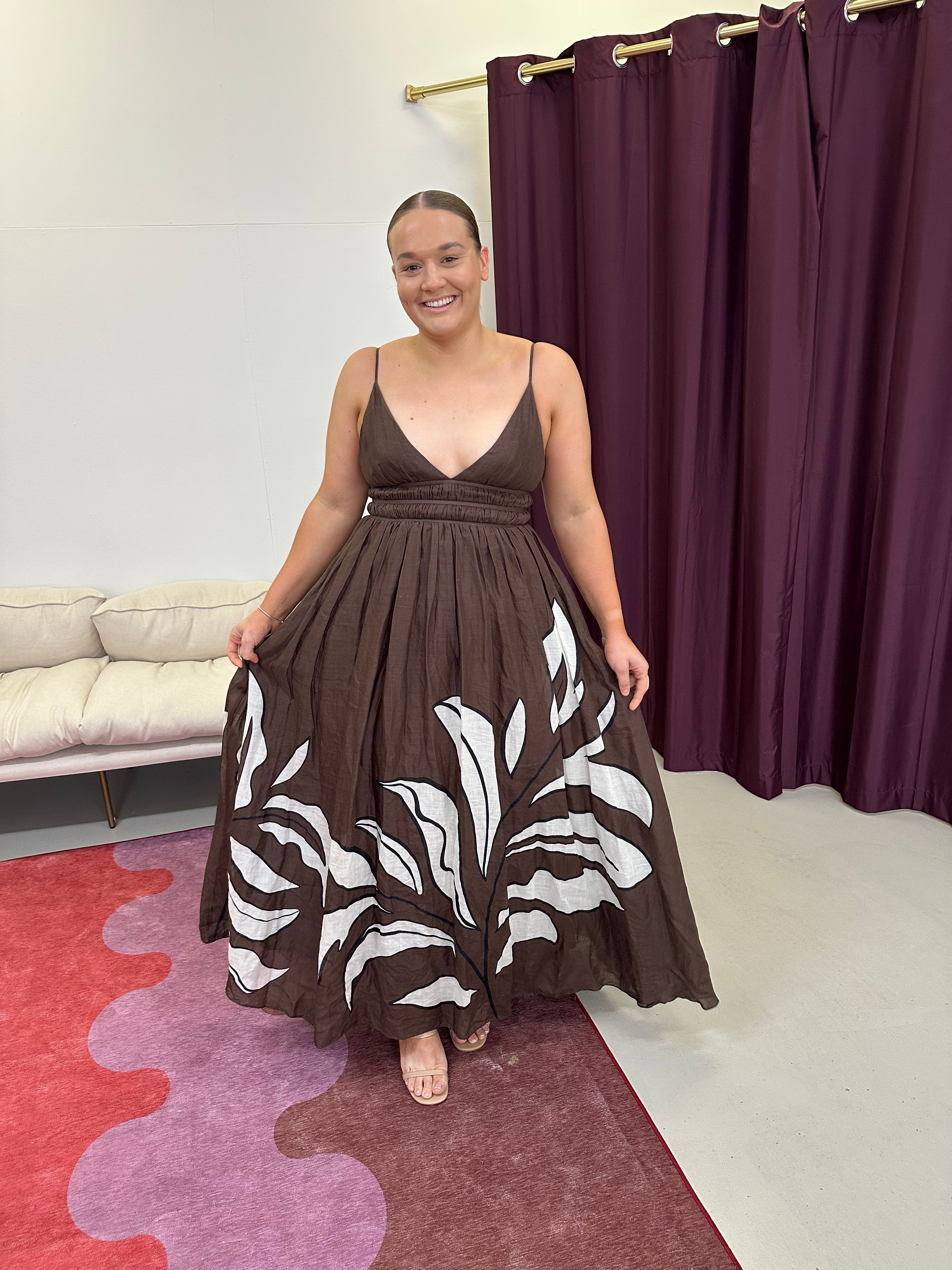 aje brown maxi dress Aje Pandorea Layered Maxi Dress in Brown HONEY HIRE BOUTIQUE