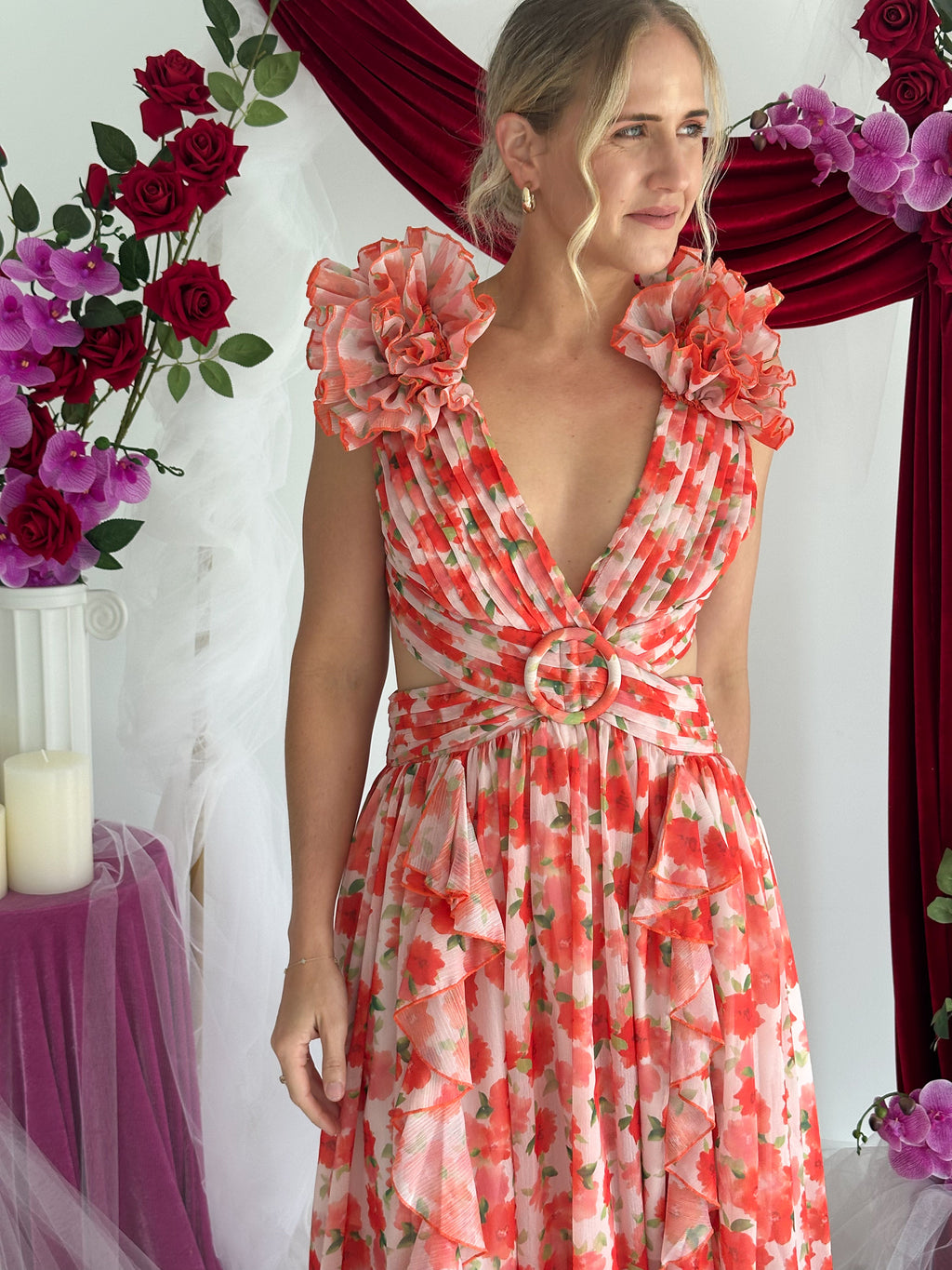 Anne Louise Boutique- Clementine Floral Maxi Dress- Orange- Size 14