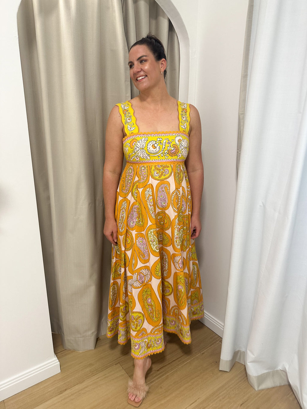 ALEMAIS- Diana Midi Dress-Yellow Multi- Size 14