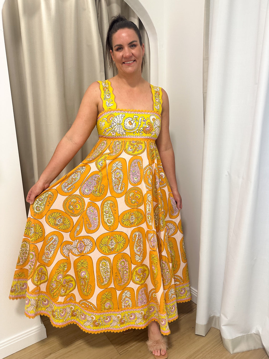 ALEMAIS- Diana Midi Dress-Yellow Multi- Size 14