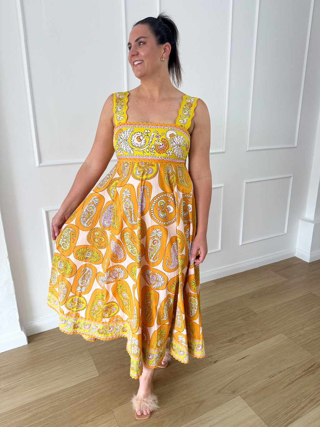 ALEMAIS- Diana Midi Dress-Yellow Multi- Size 14
