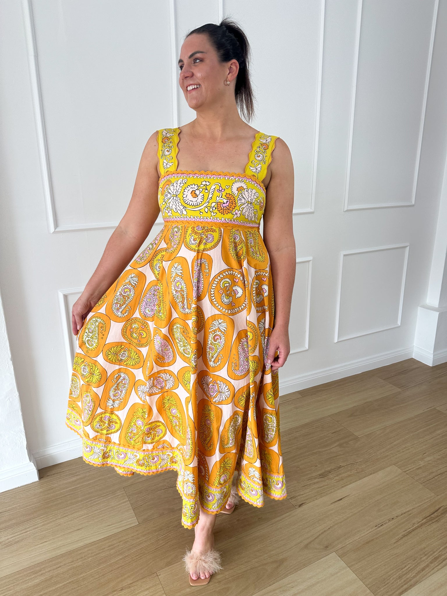 ALEMAIS- Diana Midi Dress-Yellow Multi- Size 14