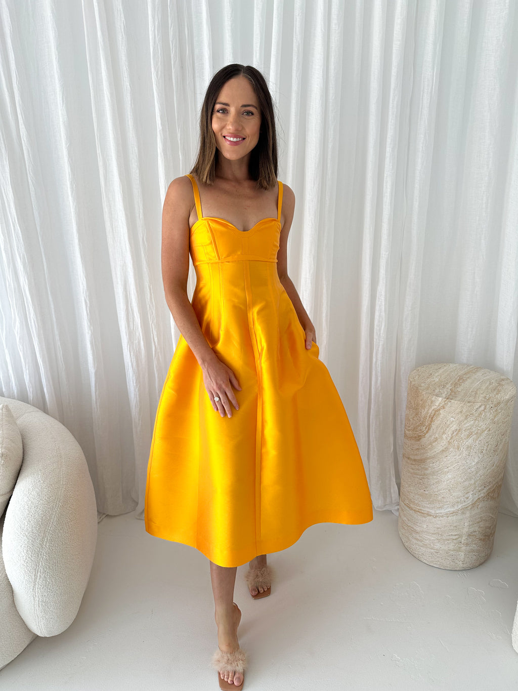 Oroton - Silk Blend Midi Dress- Marigold- Size 8