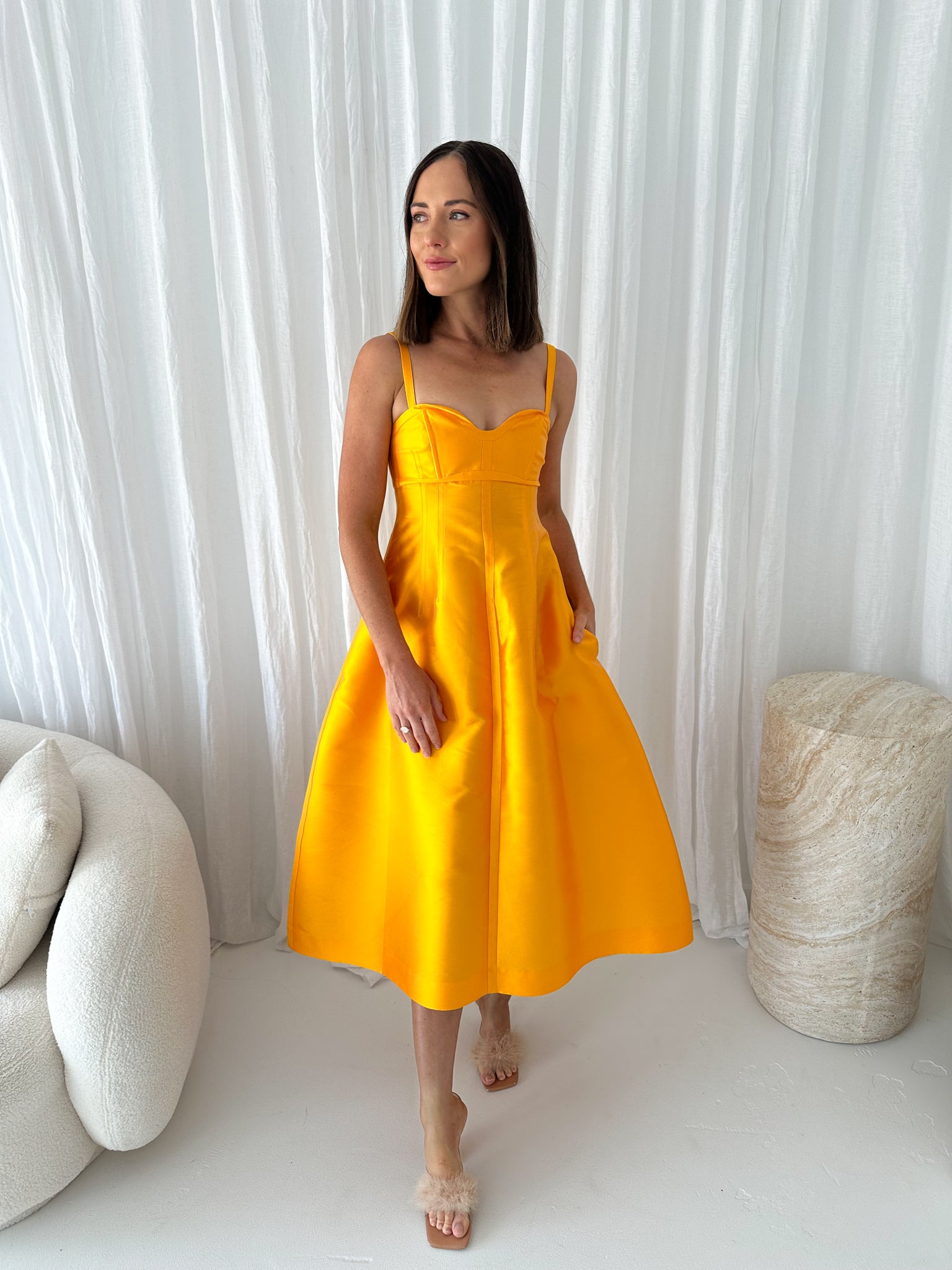Oroton - Silk Blend Midi Dress- Marigold- Size 8