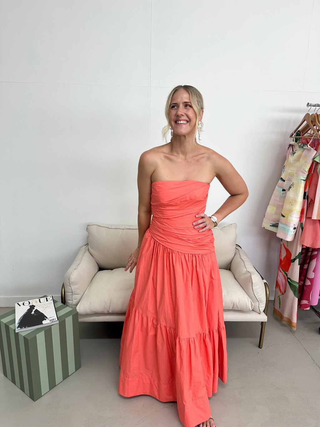 Shona Joy- Maiori Strapless Tiered Maxi Dress - Coral- Size 8