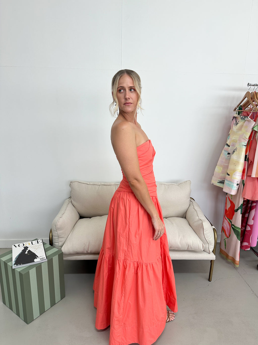 Shona Joy- Maiori Strapless Tiered Maxi Dress - Coral- Size 8