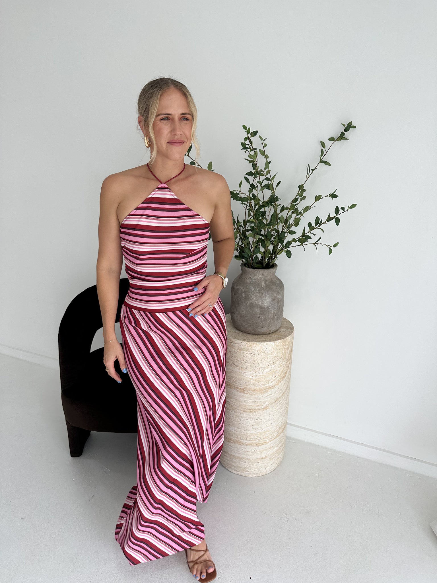WITH HARPER LU - Halter Maxi Dress - Magenta Stripe- Size 10