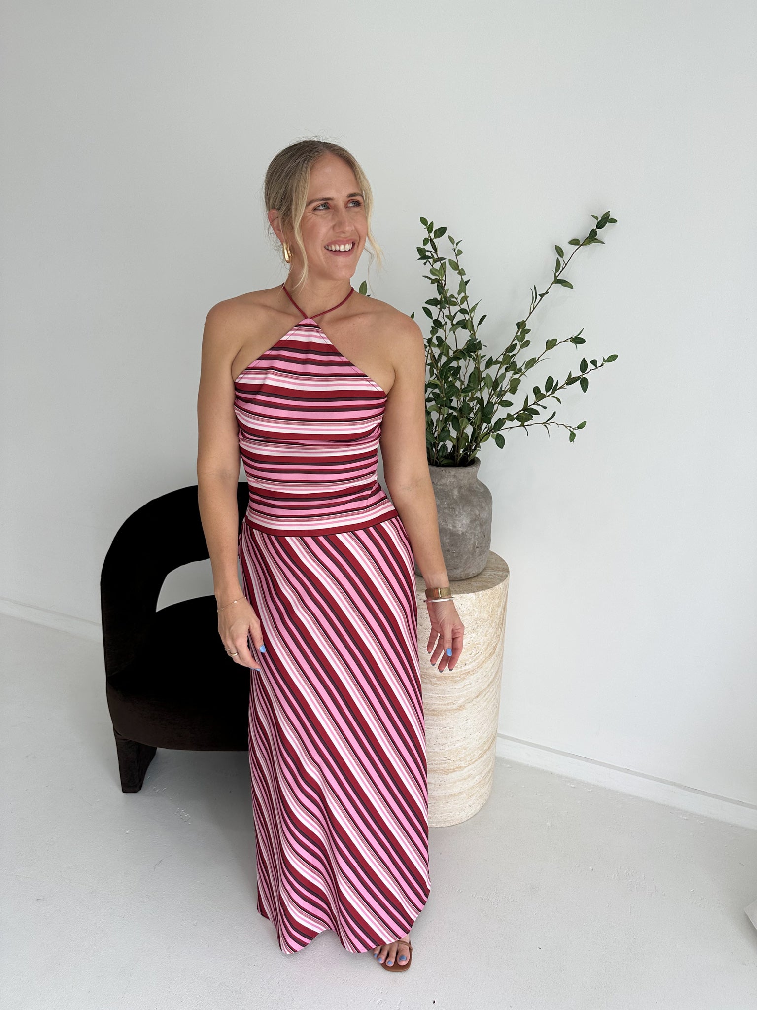 WITH HARPER LU - Halter Maxi Dress - Magenta Stripe- Size 10